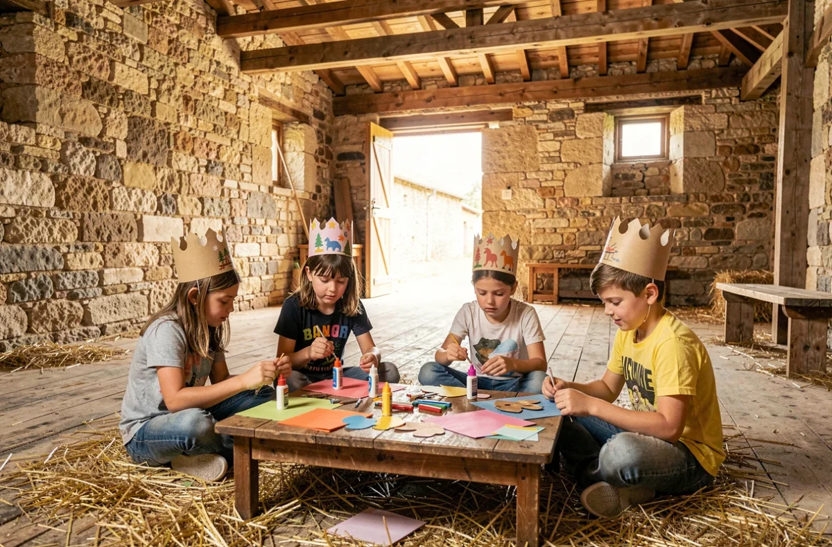 Enfants réalisant des activités manuelles lors d'un anniversaire à la ferme l'Arche De Méo près de Mollégès