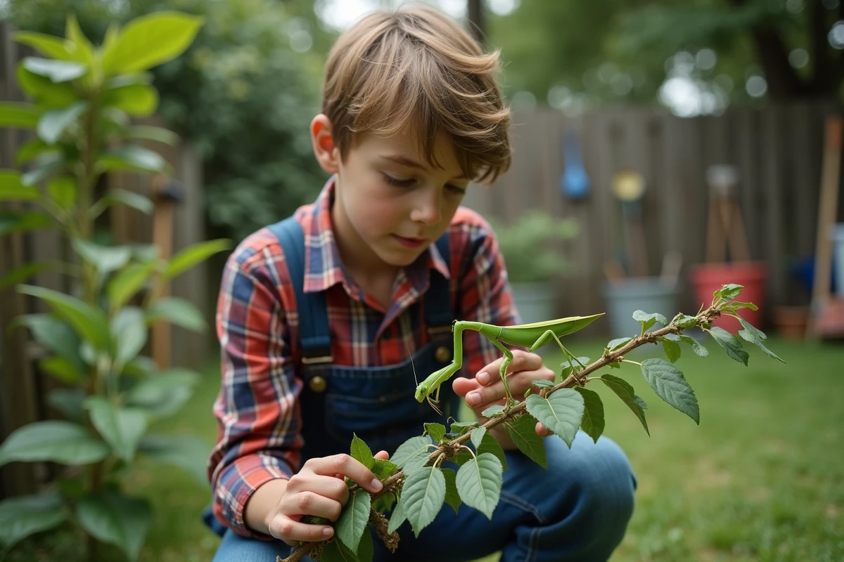 Adolescent dans un jardin observant une mante religieuse sur une branche