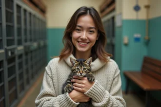 Femme tenant un chaton tigré dans un refuge pour animaux, illustrant l'adoption en refuge