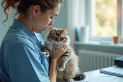 Adulte inquiet tenant un chat dans un cabinet vétérinaire