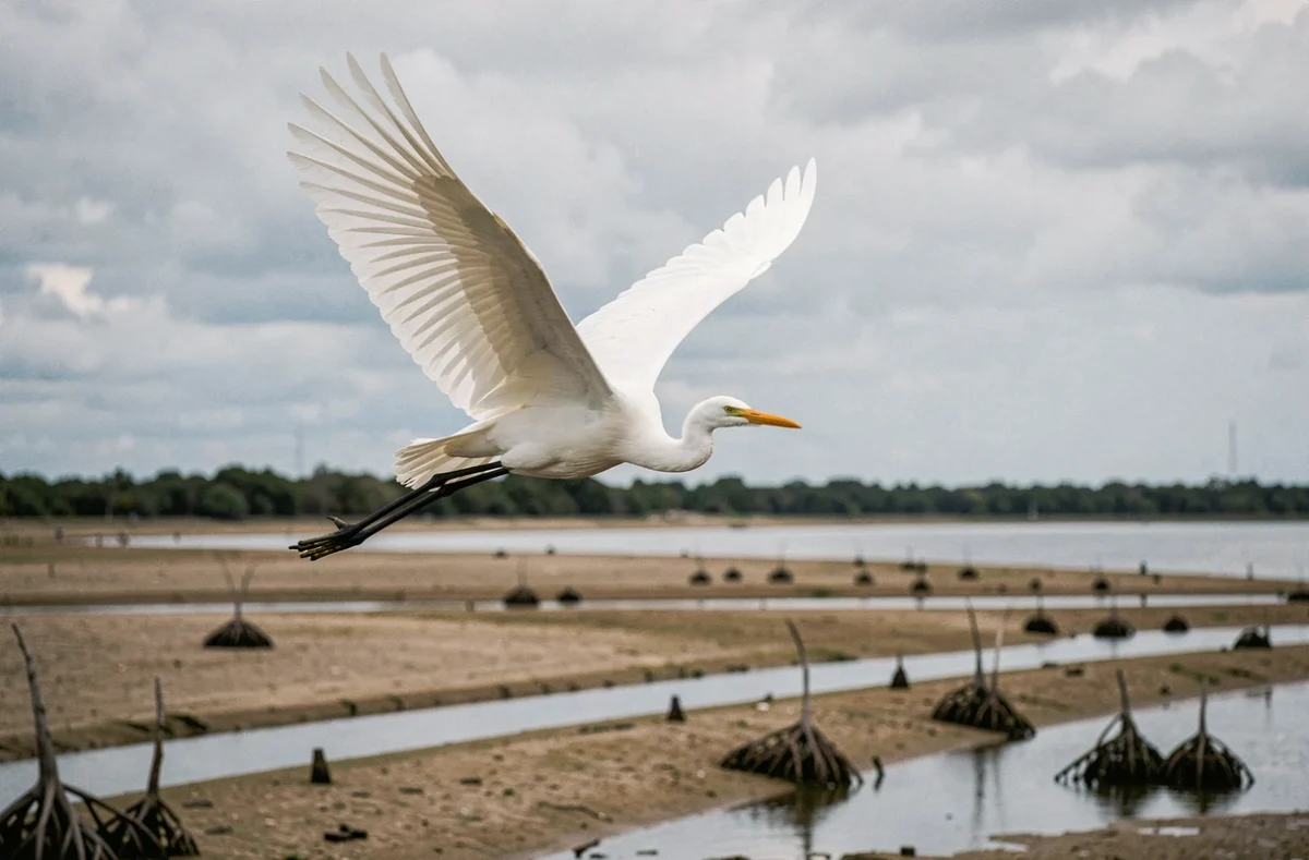 Aigrette blanche en plein vol au-dessus d'un estuaire côtier, symbolisant la liberté et la transformation dans la symbolique du héron