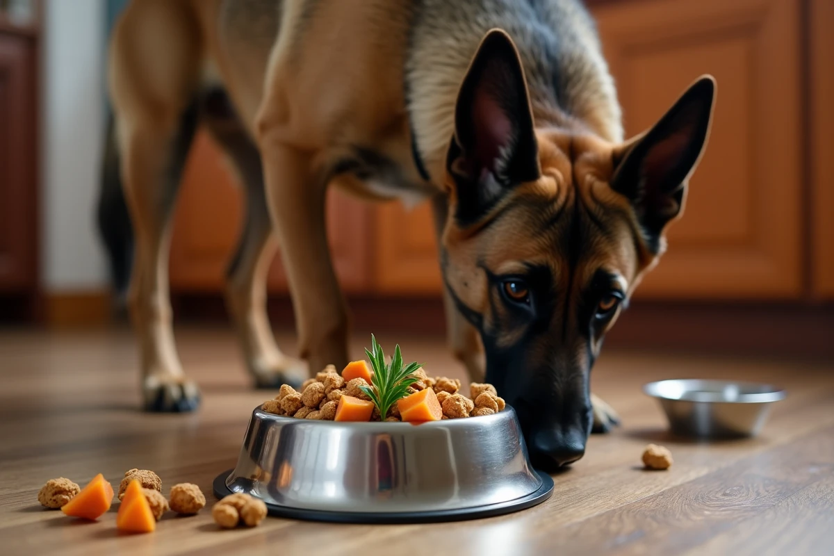 Croisé Malinois Berger allemand mangeant une ration équilibrée dans une gamelle en acier inoxydable sur un plancher en bois