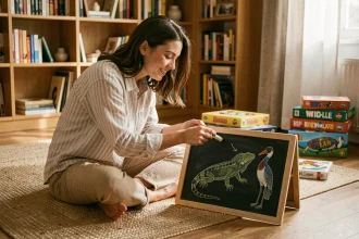 Jeune femme jouant au petit bac avec une ardoise représentant des animaux en I comme l'iguane et l'ibis