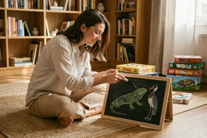 Jeune femme jouant au petit bac avec une ardoise représentant des animaux en I comme l'iguane et l'ibis