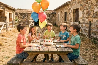 Groupe d'enfants fêtant un anniversaire dans une ferme provençale à Mollégès avec gâteau et ballons colorés