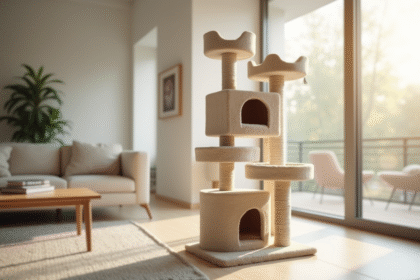 arbre à chat beige dans un salon lumineux et moderne