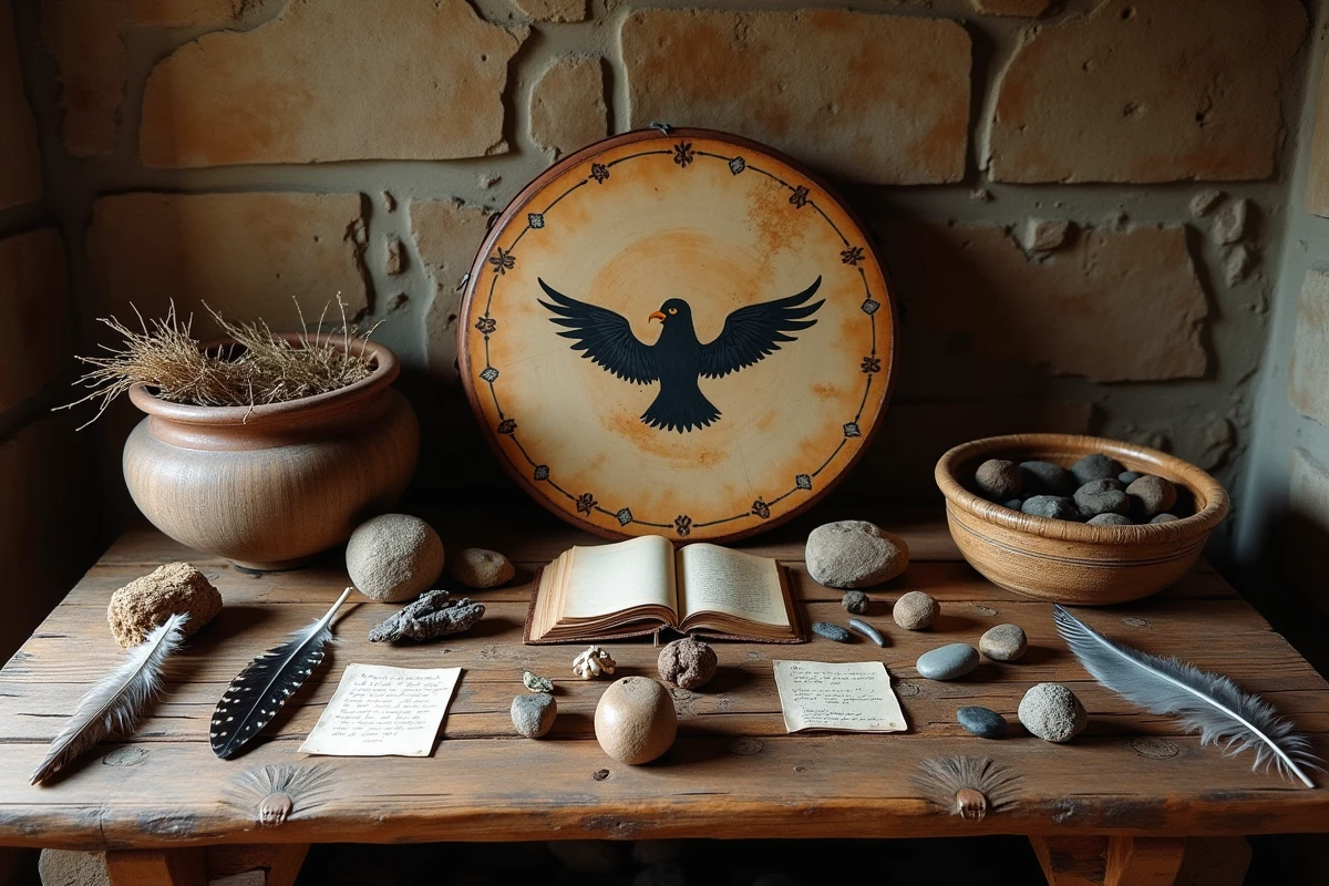 Autel chamanique traditionnel avec plumes de hibou et de faucon, tambour peint de motifs d'oiseaux, pierres et sauge séchée sur une planche de bois ancienne, évoquant la symbolique des oiseaux totems