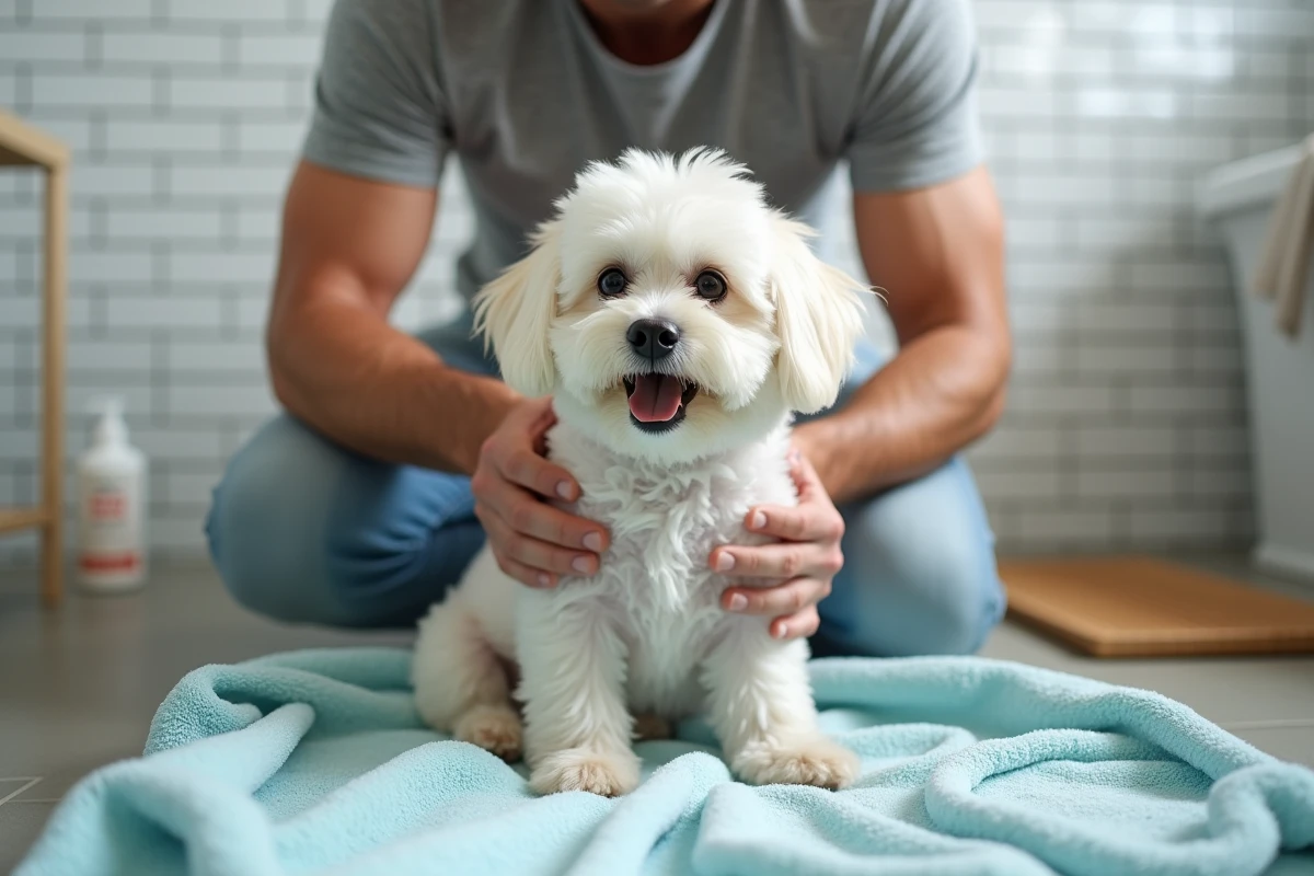 Homme séchant un Bichon Maltais fraîchement lavé enveloppé dans une serviette bleue dans une salle de bain familiale