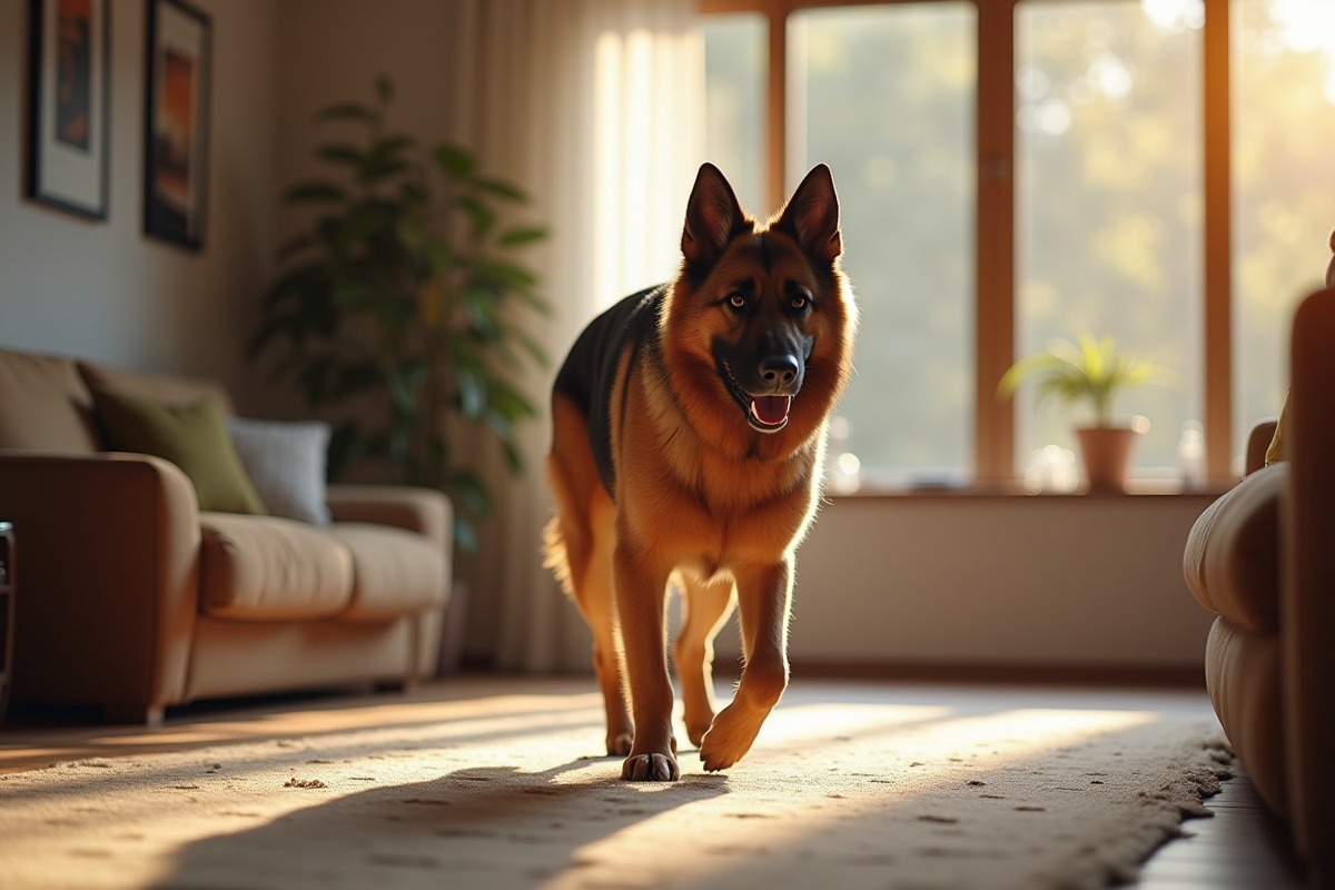 Chien berger allemand marchant avec famille dans salon lumineux