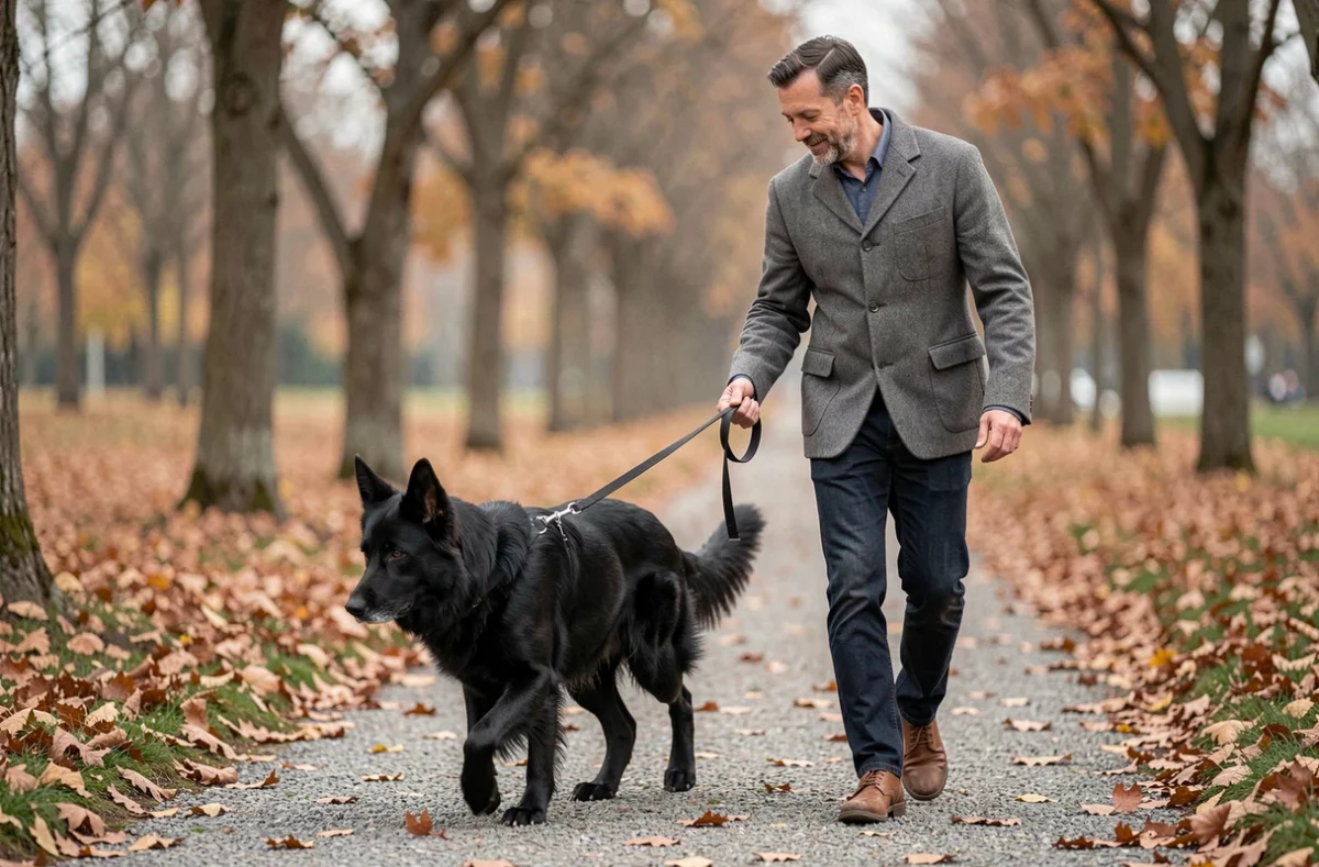 Berger Allemand noir en promenade avec son maître dans un parc en automne, surveillance de la mobilité et de la santé musculaire