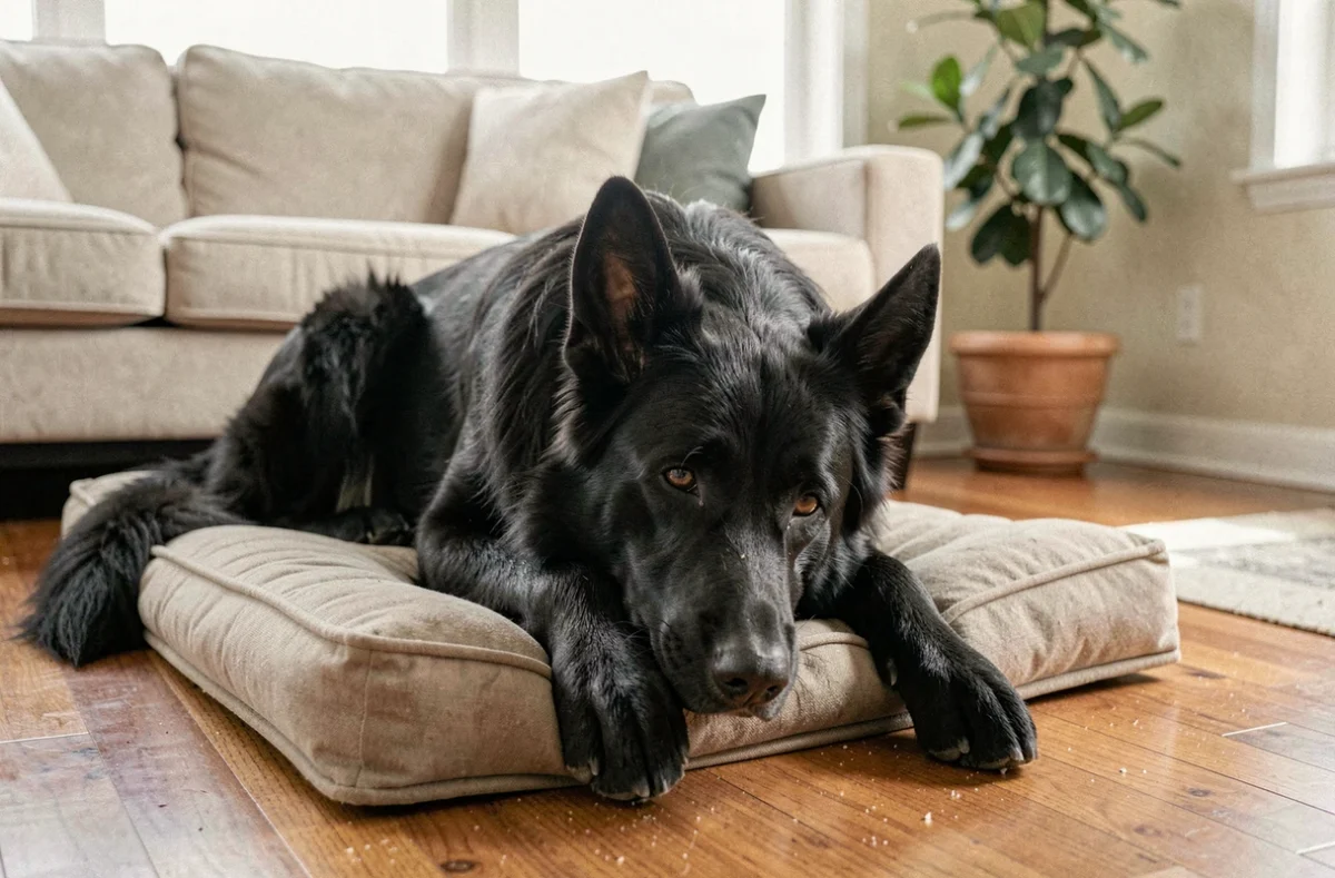 Berger Allemand noir se reposant sur un coussin orthopédique à la maison, image illustrant le bien-être et la santé articulaire