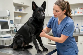 Berger Allemand noir examiné par une vétérinaire dans une clinique moderne, contrôle des hanches et de la santé générale