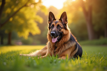 Chien berger allemand majestueux en jardin ensoleille