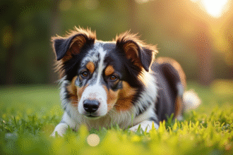 Chien australien berger allongé dans un parc ensoleillé