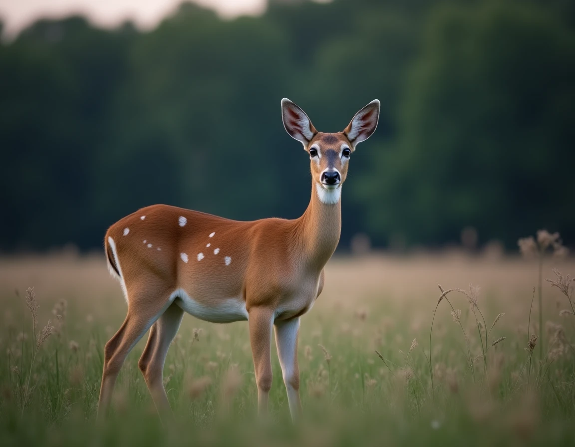Biche gracieuse en lisière de forêt au crépuscule, symbolisme spirituel de la biche dans la nature