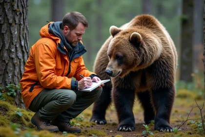 Biologiste en forêt mesure un ours grizzly tranquilise