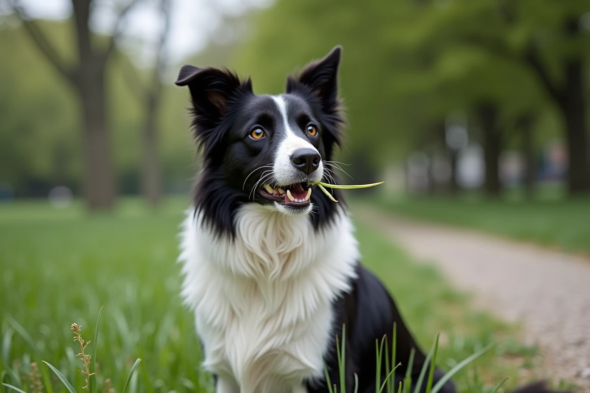 Border collie avec de la mousse blanche sur le museau en train d'avaler de l'herbe dans un parc urbain