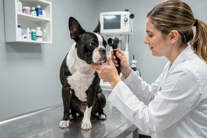 Boston Terrier adulte examiné par une vétérinaire lors d'un bilan de santé oculaire en clinique vétérinaire