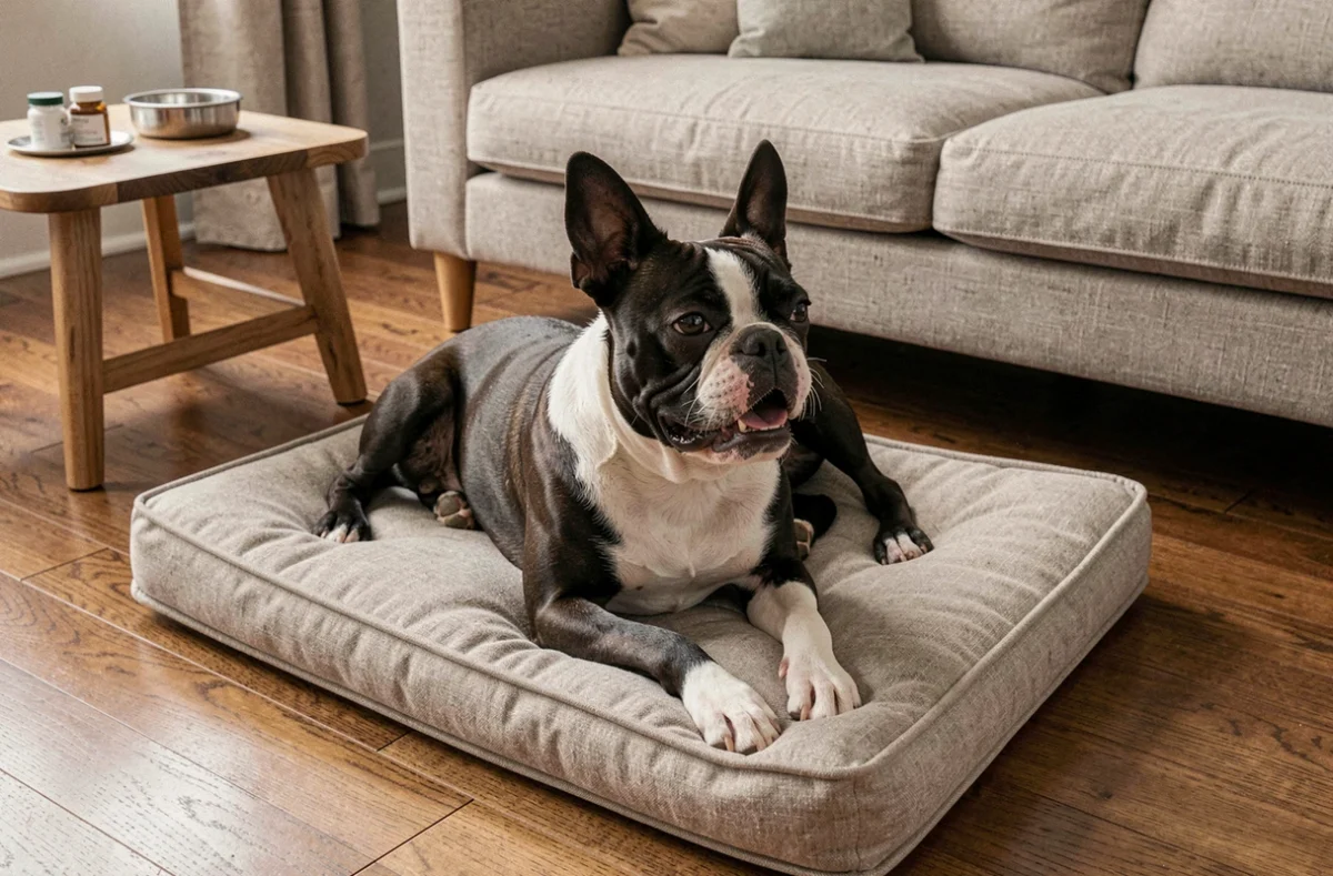 Boston Terrier adulte au repos sur un coussin orthopédique dans un salon, illustrant les soins préventifs pour chien brachycéphale