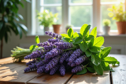 Bouquet d'herbes fraîches lavande romarin et menthe sur table