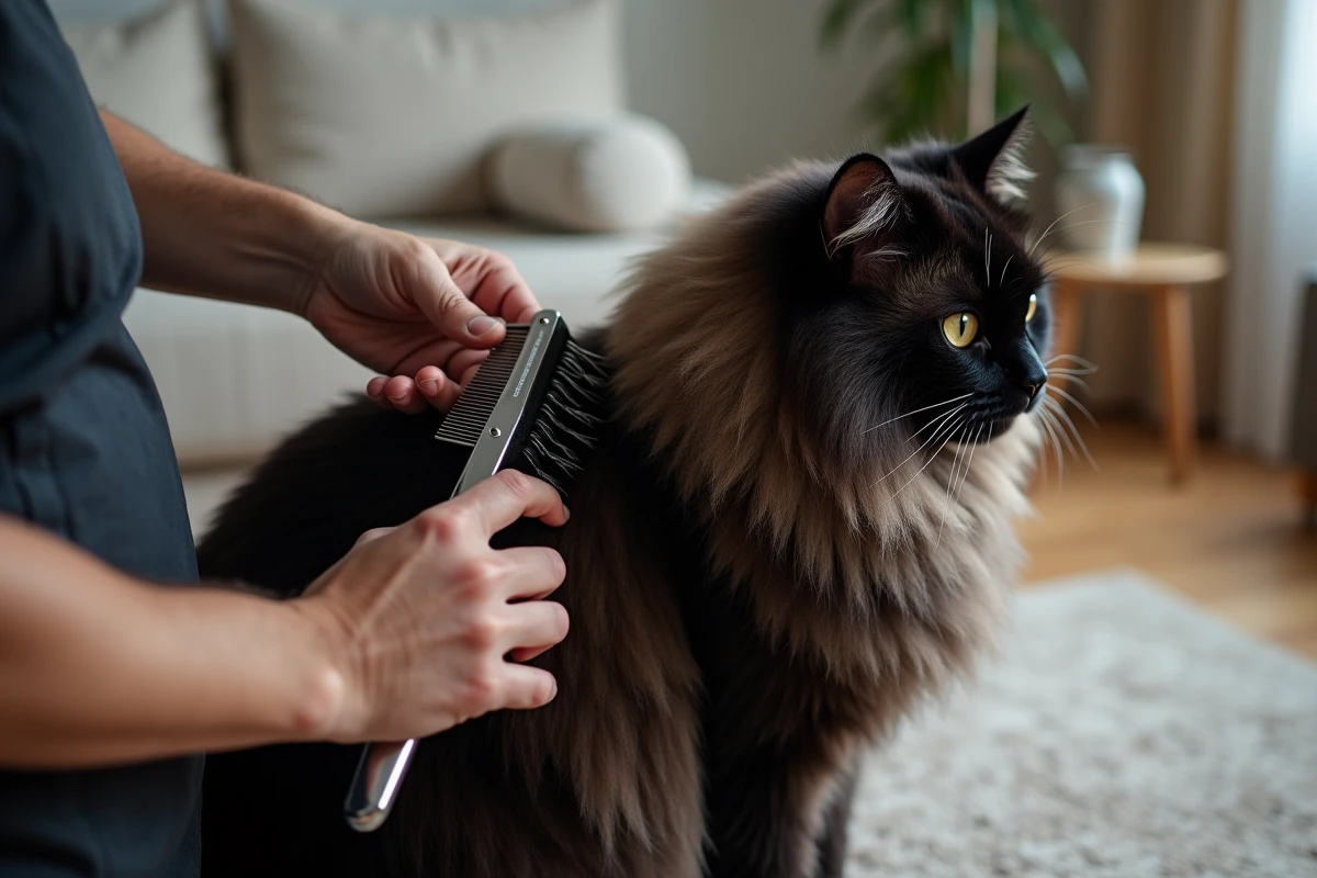 Toilettage d'un Maine Coon black smoke avec un peigne métallique, sous-poil argenté et poils de garde sombres bien visibles