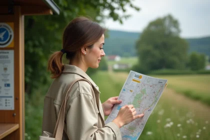 Femme consultant un plan de transport en commun à un arrêt de bus rural près de Strasbourg pour visiter un parc animalier sans voiture