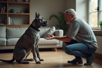 Cane Corso bleu adulte anxieux assis dans un salon, propriétaire calme tentant de le rassurer avec une main tendue