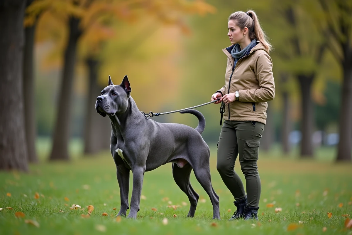 Cane Corso bleu en laisse dans un parc avec une éducatrice canine adoptant une posture calme lors d'une session d'entraînement