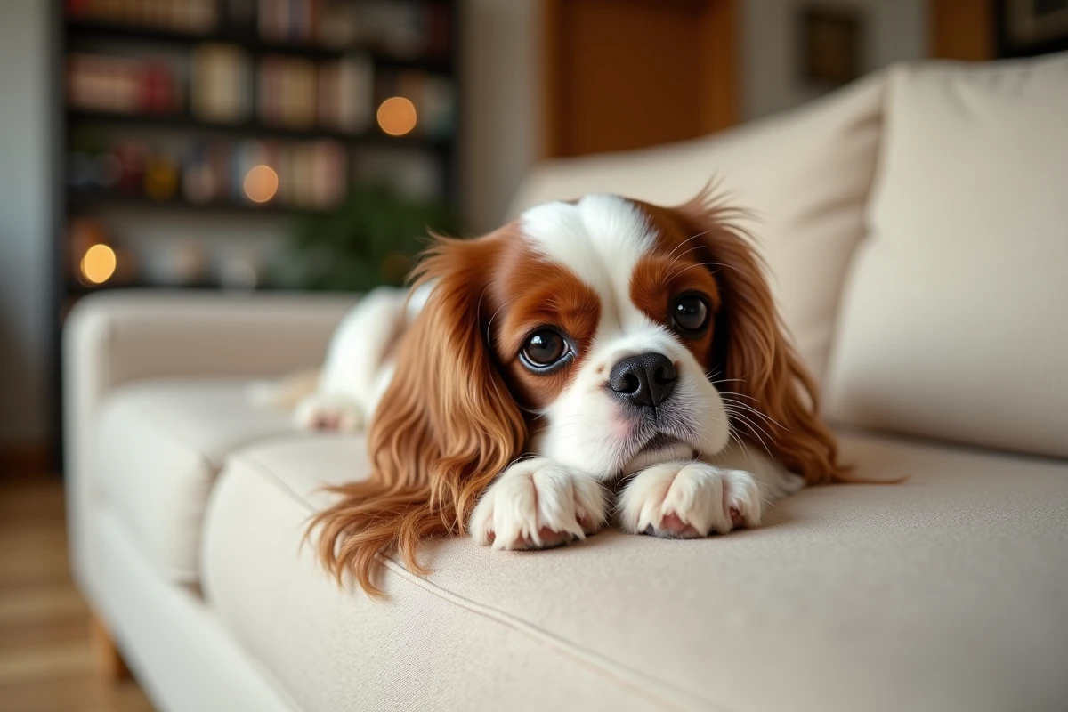 Cavalier King Charles Spaniel allongé sur un canapé dans un intérieur moderne, chien de compagnie calme et affectueux