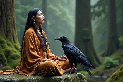 Femme chamane en robe de peau de cerf en méditation profonde avec un grand corbeau posé sur son bras dans une forêt de cèdres brumeuse, symbolisant la connexion aux animaux totems