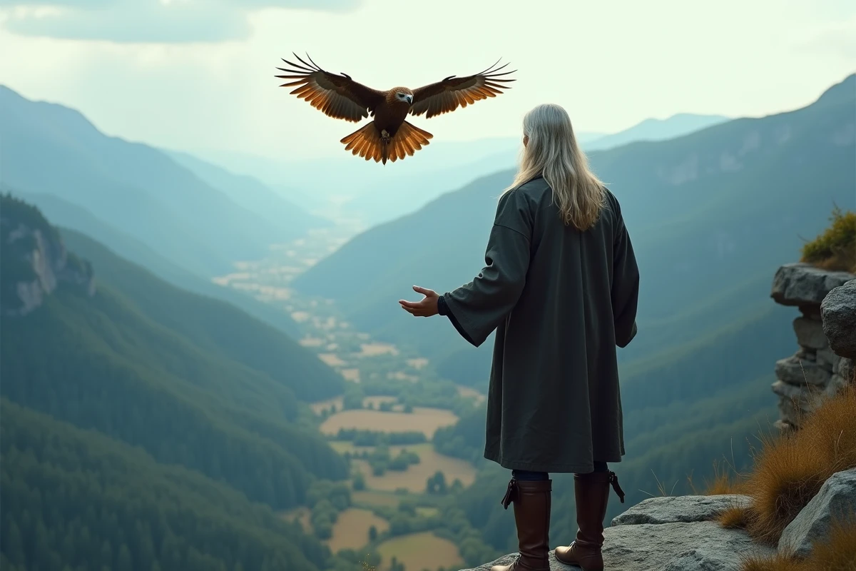 Homme chamane aux cheveux argentés sur une falaise en communion avec un aigle royal en vol, les bras ouverts face à une vallée brumeuse à l'aube, illustrant le lien chamanique avec les oiseaux totems