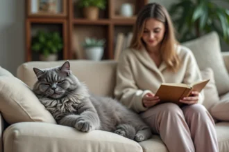 Chat angora gris relaxe sur un canapé beige avec une femme lisant