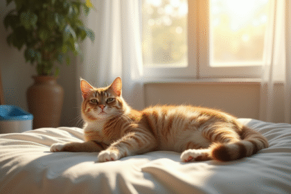 Chat diabétique reposant sur un lit confortable dans un salon lumineux