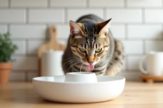 Chat tigré buvant à une fontaine à eau en céramique blanche anti-calcaire posée sur un plan de travail en bois clair dans une cuisine moderne
