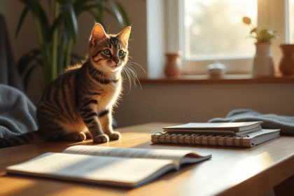 Chat tigré assis sur un bureau en bois lumineux