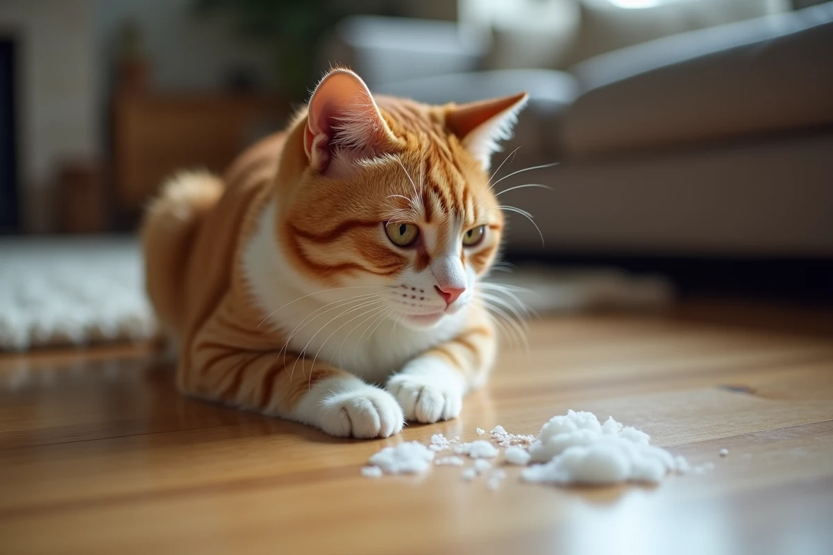 Chat roux avec des pattes blanches sur un parquet, mousse blanche visible au sol après un vomissement post-repas