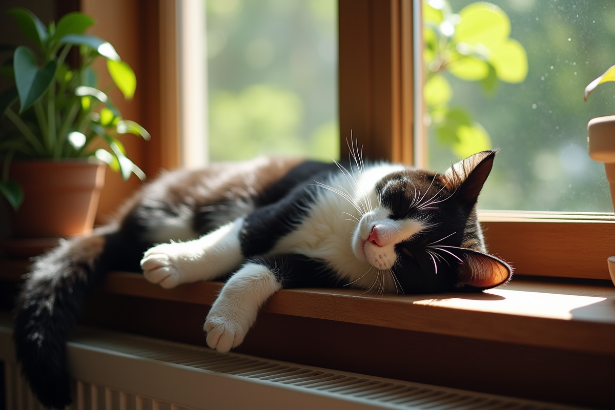 Chat noir blanc allongé près d