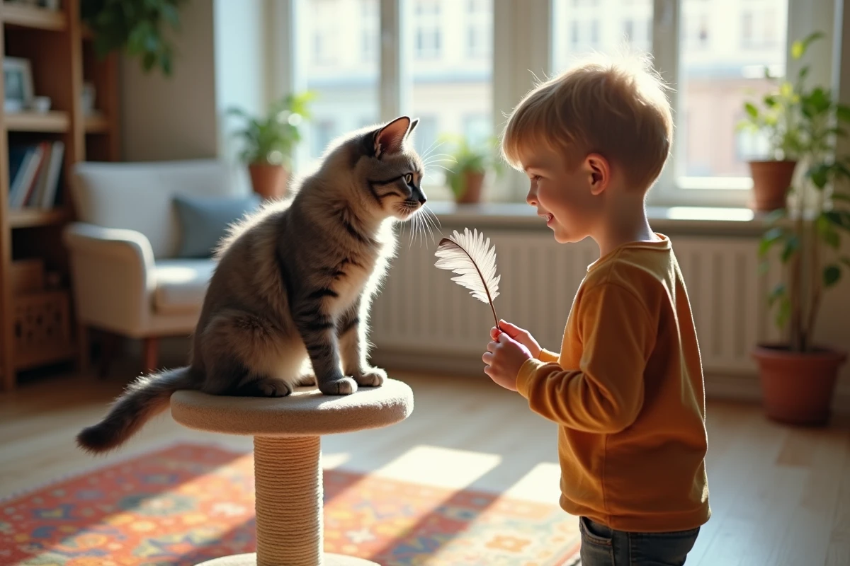 Chat angora gris observe un jouet plume avec un enfant dans un appartement