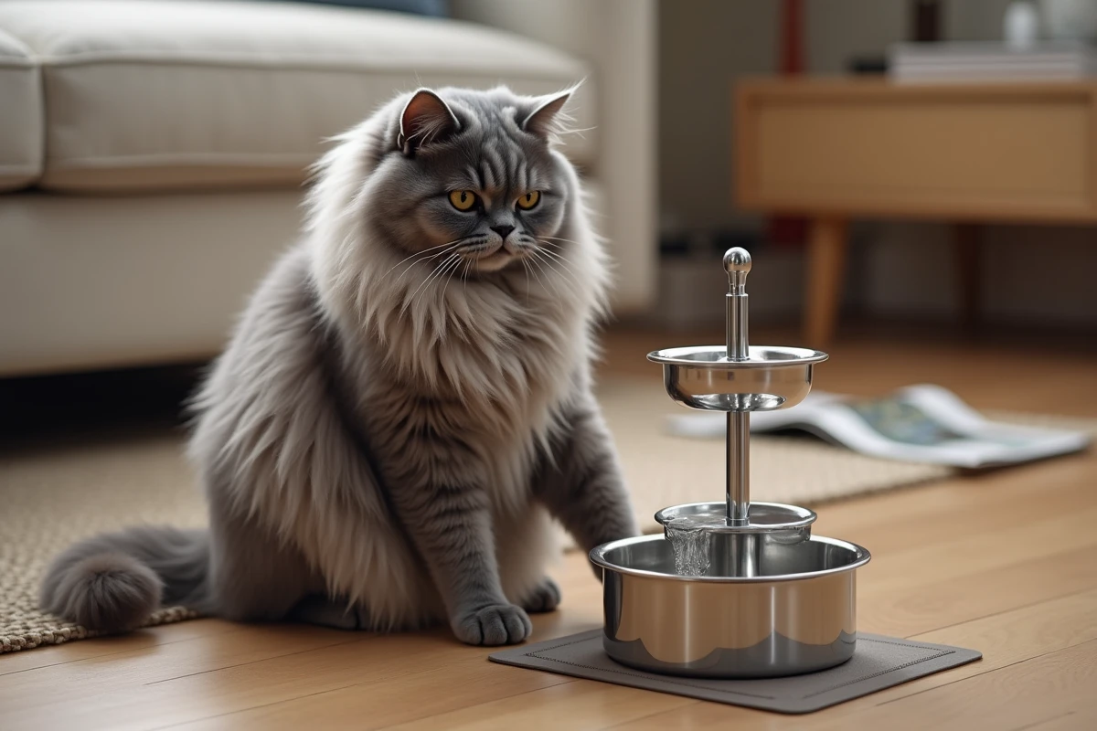 Chat persan gris assis près d'une fontaine à eau inox multi-niveaux avec système de filtration anti-calcaire dans un salon cosy