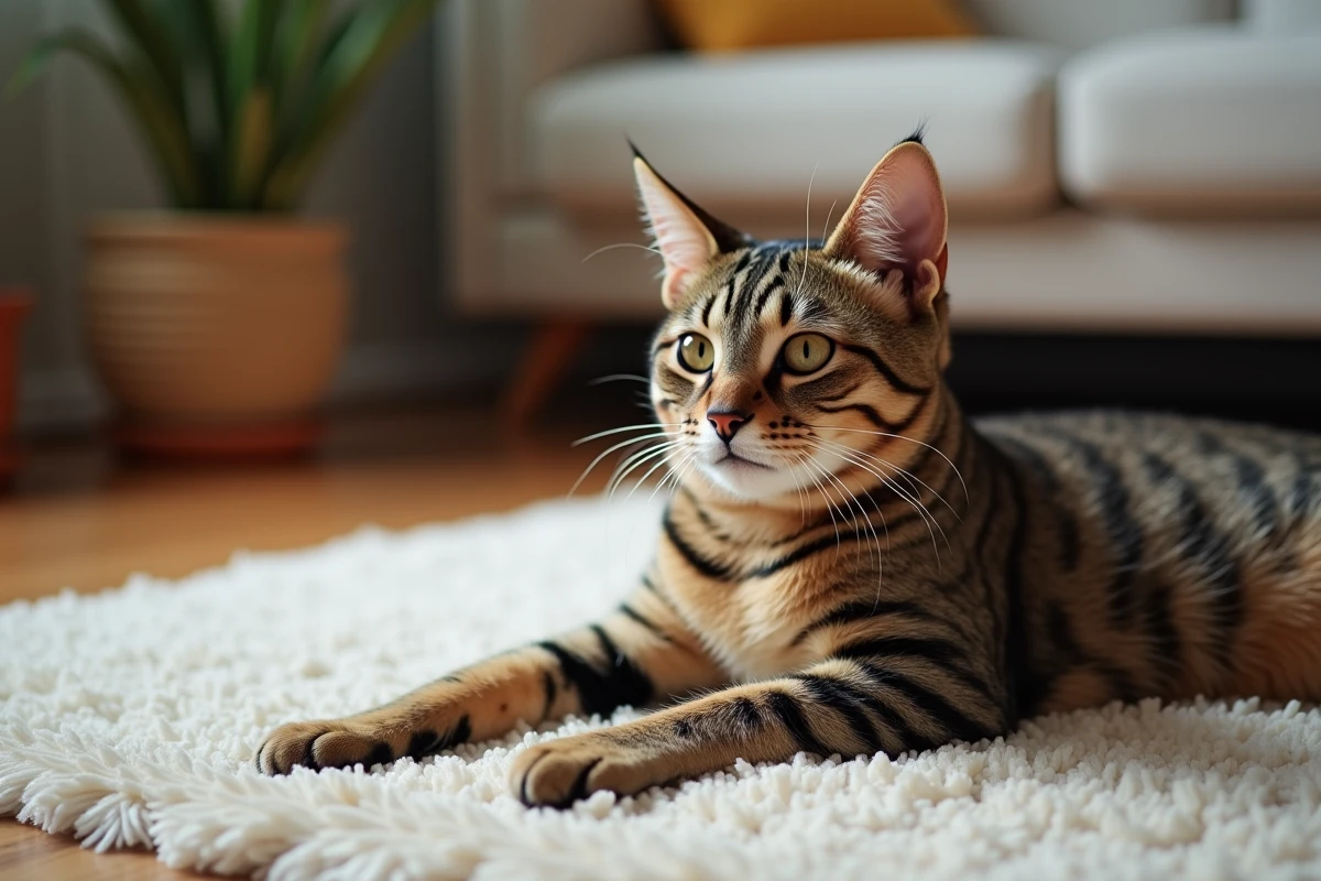 Chat tigré jeune adulte sur tapis dans un salon chaleureux