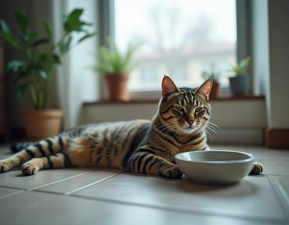 Chat tigré allongé sur un carrelage frais dans un appartement par temps chaud, avec un bol d'eau à proximité, montrant les effets du changement climatique sur le bien-être des chats