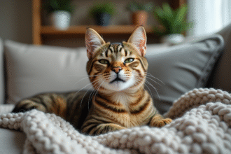 Chat tabby détendu sur un canapé avec plantes d'intérieur
