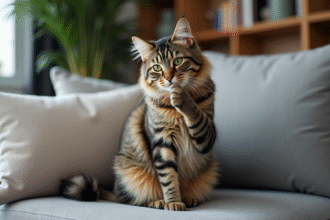 Chat tabby adulte en train de se gratter la bouche