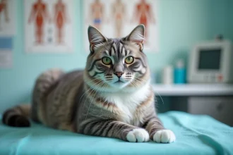 Chat gris et blanc calme sur table d'examen vétérinaire