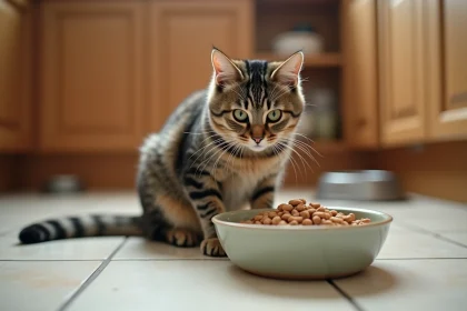 Chat tigré assis à côté de son bol de croquettes avec une posture légèrement courbée traduisant un inconfort digestif
