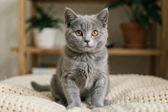 Chaton British Shorthair bleu aux yeux ambrés assis sur une couverture crème dans un intérieur cosy