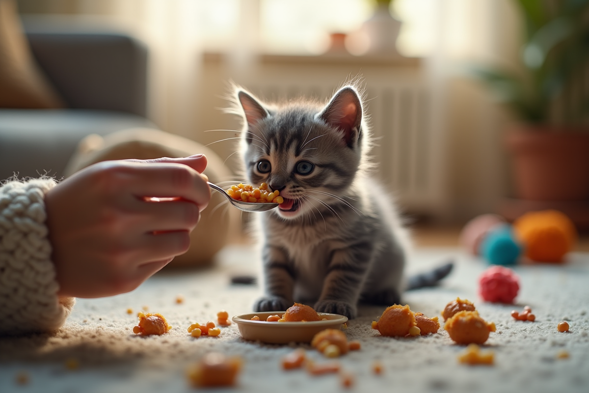 Chaton gris curieux nourri à la cuillère dans un salon chaleureux