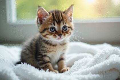 Chaton humide sur serviette blanche lumineuse