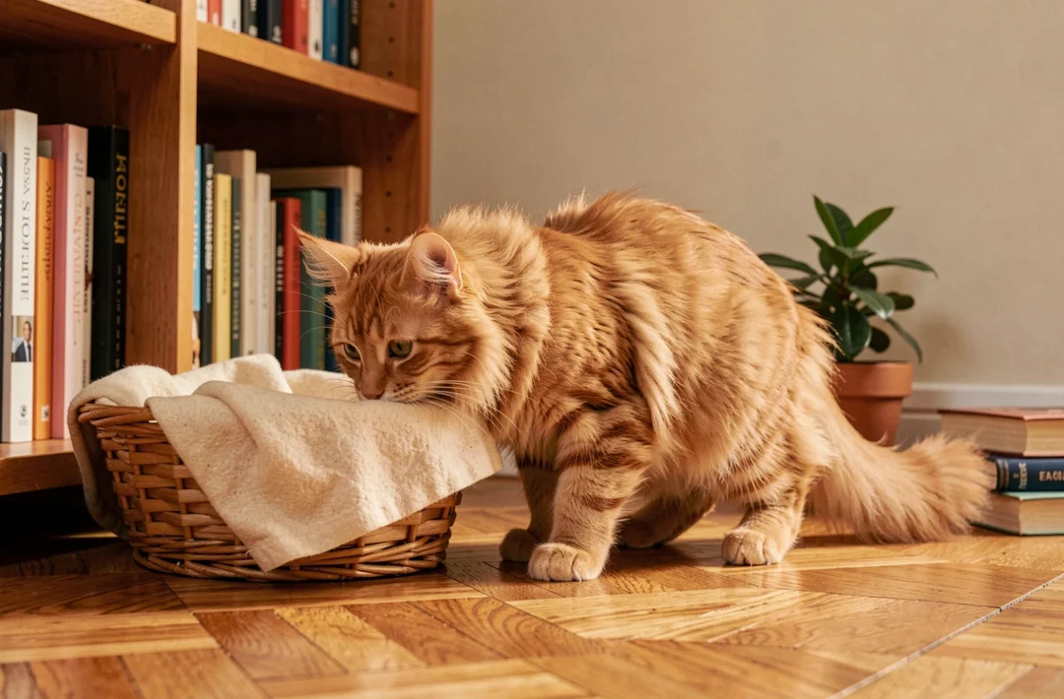 Chaton roux poils longs découvrant son nouveau foyer après adoption, panier en osier et parquet chaleureux