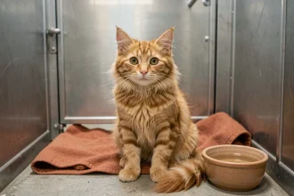 Chaton roux poils longs assis dans un box de refuge animalier, regard curieux et fourrure détaillée